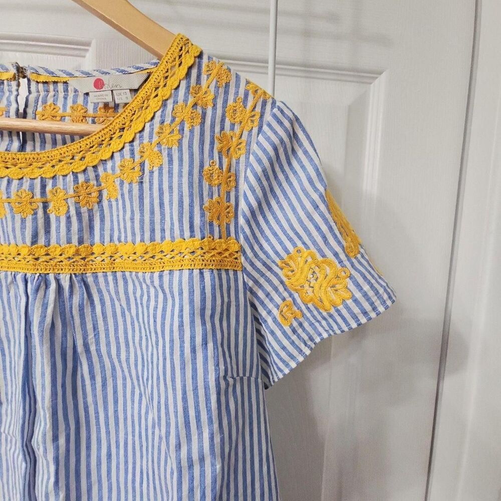 Boden Blue & White Striped Short Sleeve Top with Yellow Embroidery and Lace Trim - Picture 3 of 6